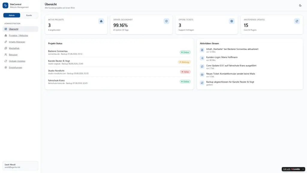 Website Management - Alle Kundenprojekte auf einen Blick